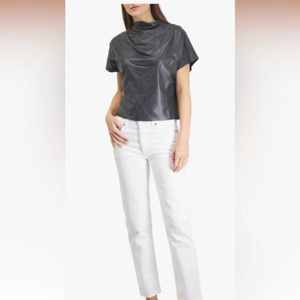 TWP Midnight Leather Mock Neck T-Shirt - NWT! - Picture 1 of 5